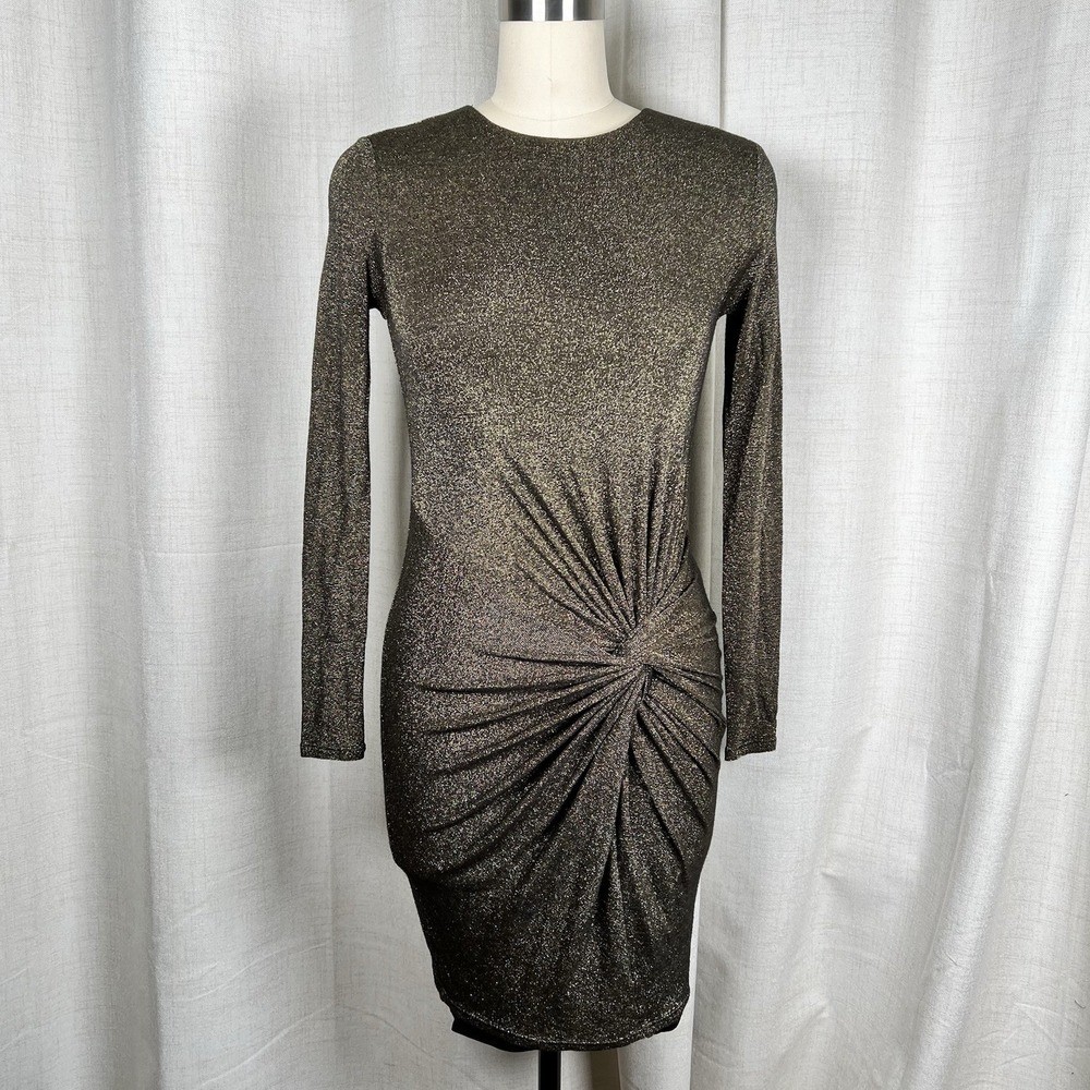 Ted Baker Sabiaa Gold Metallic Twist Front Long Sleeve Sheath Dress Sz 0 US 2 XS